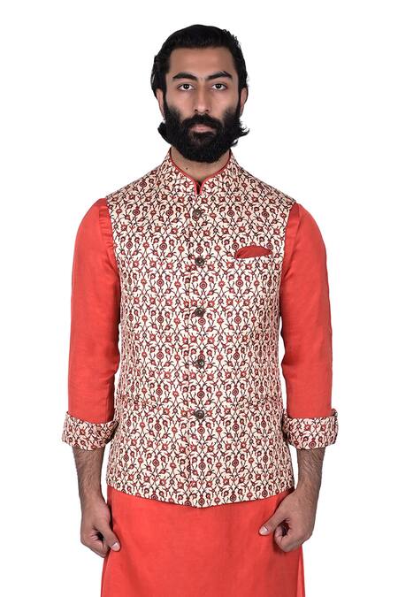 Rohit Kamra Jaipur Beige Linen Printed Nehru Jacket at Aza Fashions Rohit Kamra Jaipur_Beige Linen Printed Nehru Jacket _at_Aza_Fashions