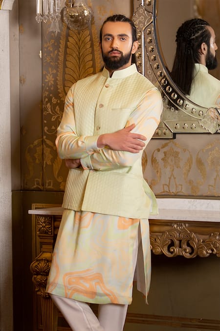 Rohit Kamra Jaipur Green Linen Silk Nehru Jacket 