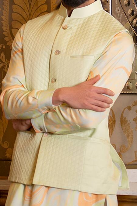 Rohit Kamra Jaipur_Green Linen Silk Nehru Jacket _Online_at_Aza_Fashions