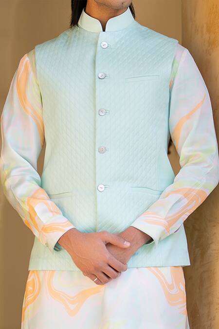Rohit Kamra Jaipur_Blue Linen Silk Nehru Jacket _Online_at_Aza_Fashions
