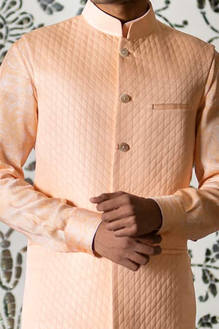 Rohit Kamra Jaipur_Peach Linen Silk Nehru Jacket _Online_at_Aza_Fashions