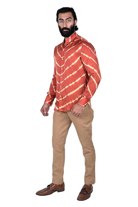 Shop Rohit Kamra Jaipur Red Silk Leheriya Shirt at Aza Fashions Shop_Rohit Kamra Jaipur_Red Silk Leheriya Shirt _at_Aza_Fashions