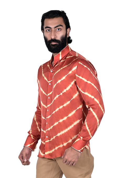Rohit Kamra Jaipur Red Silk Leheriya Shirt Online at Aza Fashions Rohit Kamra Jaipur_Red Silk Leheriya Shirt _Online_at_Aza_Fashions