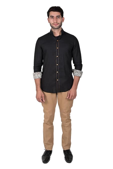 Shop Rohit Kamra Jaipur Black Matka Silk Printed Shirt And Pant Set at Aza Fashions Shop_Rohit Kamra Jaipur_Black Matka Silk Printed Shirt And Pant Set _at_Aza_Fashions