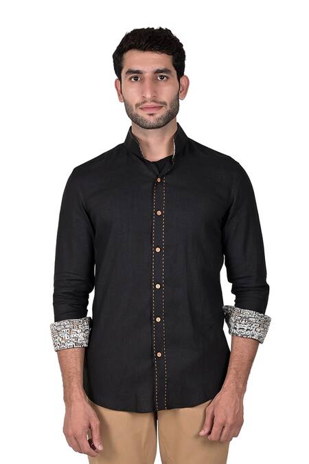 Rohit Kamra Jaipur Black Matka Silk Printed Shirt And Pant Set Online at Aza Fashions Rohit Kamra Jaipur_Black Matka Silk Printed Shirt And Pant Set _Online_at_Aza_Fashions