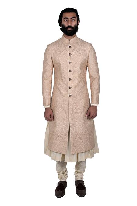 Rohit Kamra Jaipur_Beige Silk Brocade Sherwani Set  _Online_at_Aza_Fashions