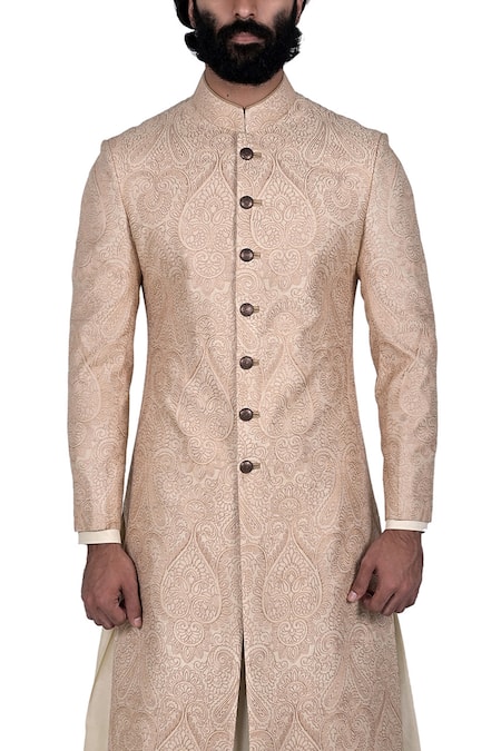 Shop_Rohit Kamra Jaipur_Beige Silk Brocade Sherwani Set  _Online_at_Aza_Fashions