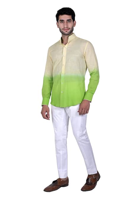 Shop Rohit Kamra Jaipur Green Linen Ombre Shirt at Aza Fashions Shop_Rohit Kamra Jaipur_Green Linen Ombre Shirt _at_Aza_Fashions