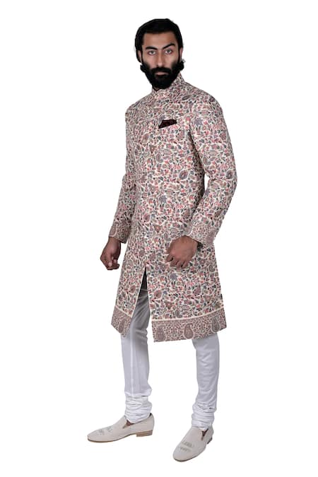 Shop_Rohit Kamra Jaipur_Beige Cashmere Cotton Silk Sherwani Set  _at_Aza_Fashions