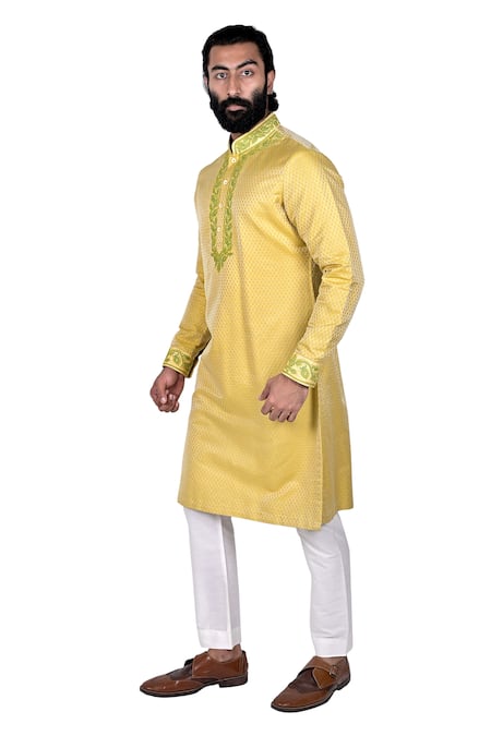 Shop_Rohit Kamra Jaipur_Yellow Silk Jacquard Embroidered Kurta Set  _at_Aza_Fashions