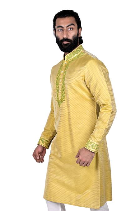 Rohit Kamra Jaipur_Yellow Silk Jacquard Embroidered Kurta Set  _Online_at_Aza_Fashions