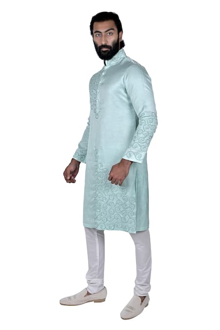 Shop Rohit Kamra Jaipur Blue Linen Silk Kurta Set at Aza Fashions Shop_Rohit Kamra Jaipur_Blue Linen Silk Kurta Set _at_Aza_Fashions
