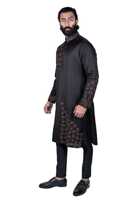 Shop_Rohit Kamra Jaipur_Black Linen Silk Kurta Set  _at_Aza_Fashions