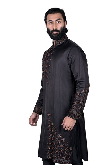 Rohit Kamra Jaipur_Black Linen Silk Kurta Set  _Online_at_Aza_Fashions