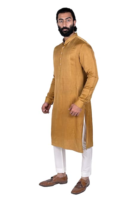 Rohit Kamra Jaipur_Yellow Cotton , Linen Kurta Set _Online_at_Aza_Fashions