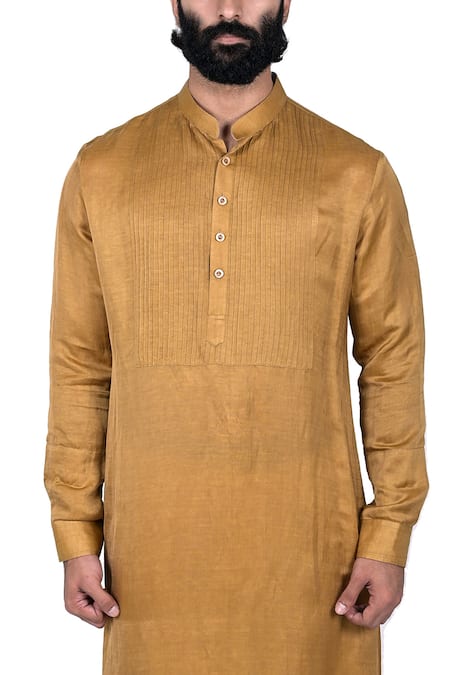 Shop_Rohit Kamra Jaipur_Yellow Cotton , Linen Kurta Set _Online_at_Aza_Fashions