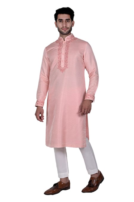 Shop_Rohit Kamra Jaipur_Peach Silk Brocade Kurta Set  _at_Aza_Fashions