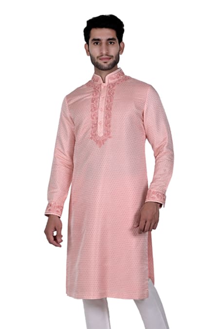 Rohit Kamra Jaipur_Peach Silk Brocade Kurta Set  _Online_at_Aza_Fashions