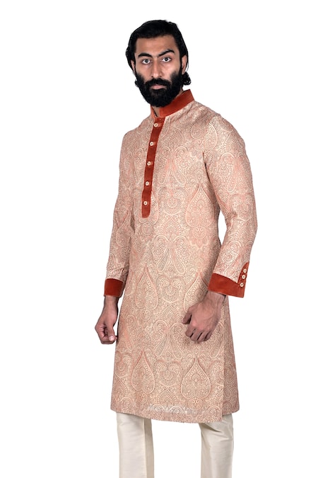 Rohit Kamra Jaipur Beige Silk Brocade Linen Kurta Set  