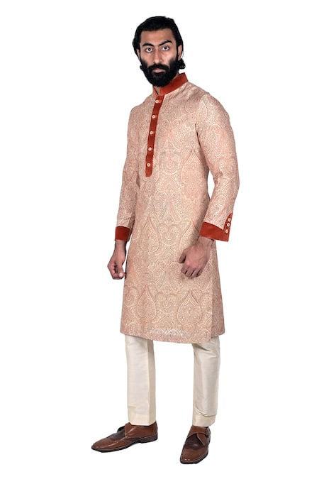 Shop_Rohit Kamra Jaipur_Beige Silk Brocade Linen Kurta Set  _at_Aza_Fashions
