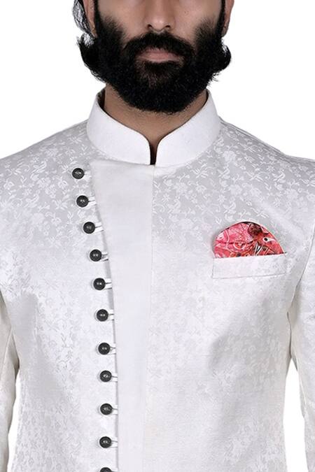Shop_Rohit Kamra Jaipur_Beige Linen Silk Bandhgala Set _Online_at_Aza_Fashions