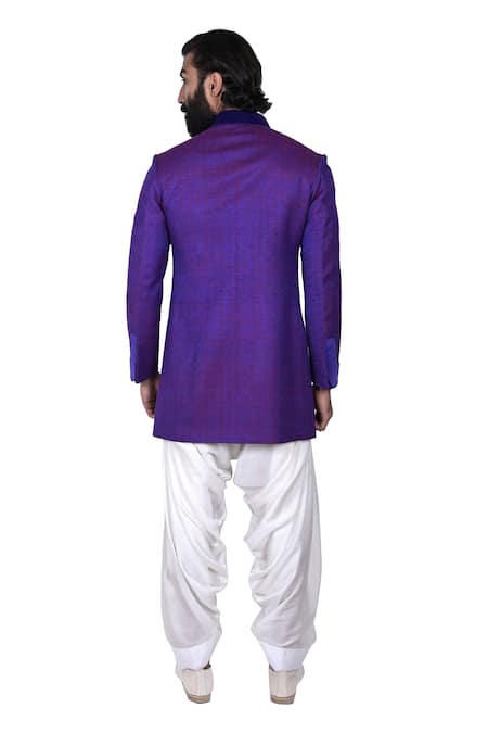 Shop_Rohit Kamra Jaipur_Blue Matka Silk Embroidered Bandhgala Set _at_Aza_Fashions