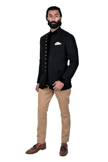 Shop_Rohit Kamra Jaipur_Black Linen Bandhgala _at_Aza_Fashions