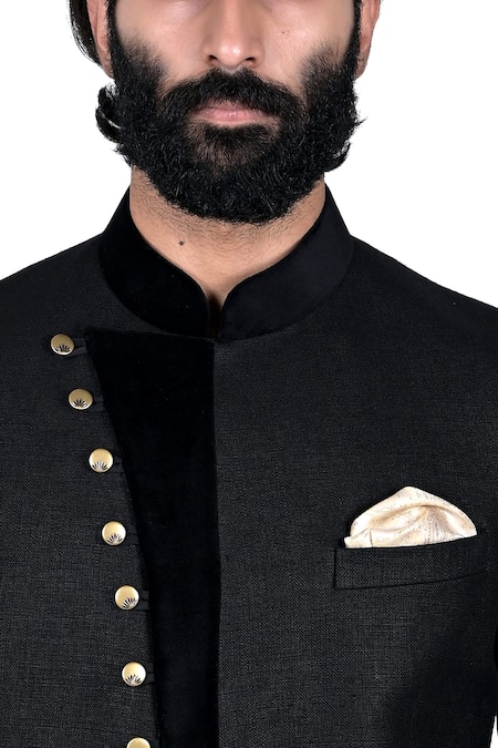 Shop_Rohit Kamra Jaipur_Black Linen Bandhgala _Online_at_Aza_Fashions