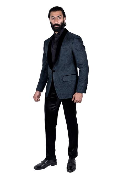 Shop Rohit Kamra Jaipur Blue Silk Brocade Tuxedo at Aza Fashions Shop_Rohit Kamra Jaipur_Blue Silk Brocade Tuxedo _at_Aza_Fashions