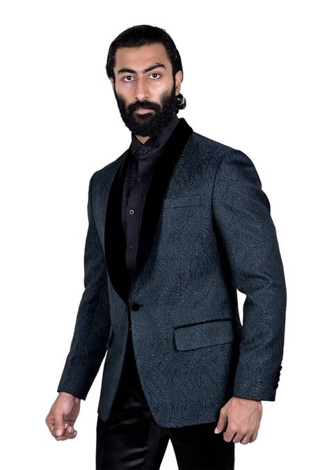 Rohit Kamra Jaipur Blue Silk Brocade Tuxedo Online at Aza Fashions Rohit Kamra Jaipur_Blue Silk Brocade Tuxedo _Online_at_Aza_Fashions