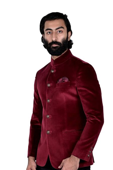 Rohit Kamra Jaipur_Red Velvet Bandhgala _Online_at_Aza_Fashions