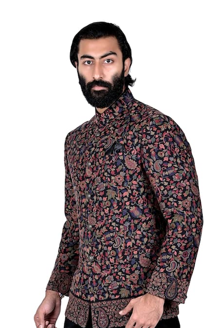 Rohit Kamra Jaipur_Black Cashmere Floral Woven Bandhgala _Online_at_Aza_Fashions