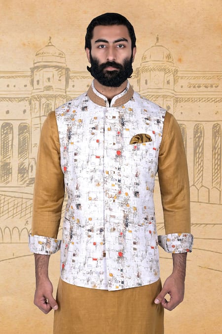 Shop Rohit Kamra Jaipur White Linen Silk Nehru Jacket Online at Aza Fashions Shop_Rohit Kamra Jaipur_White Linen Silk Nehru Jacket _Online_at_Aza_Fashions