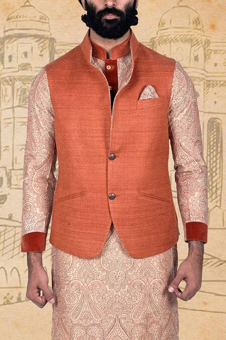 Rohit Kamra Jaipur_Orange Matka Silk Nehru Jacket  _Online_at_Aza_Fashions