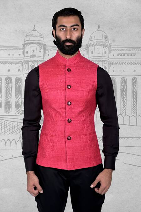 Shop_Rohit Kamra Jaipur_Pink Matka Silk Nehru Jacket  _Online_at_Aza_Fashions