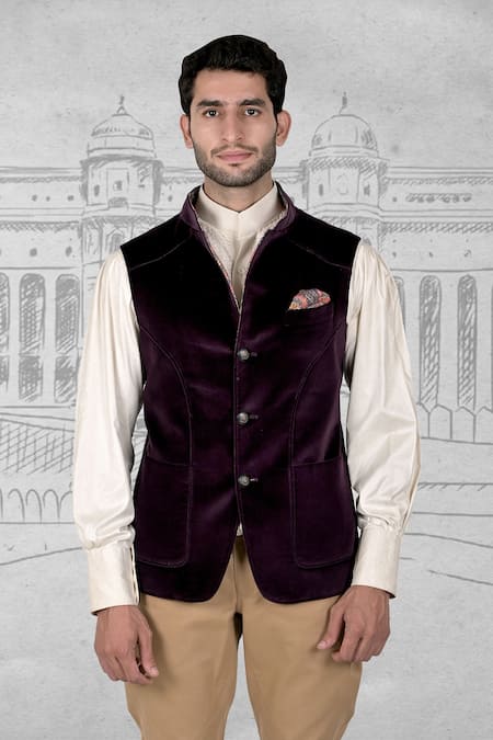 Wintage Men's Velvet Bandhgala Jodhpuri Festive Dark Maroon Nehru Jacket  Waistcoat