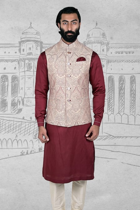 Shop Rohit Kamra Jaipur Beige Silk Brocade Embroidered Nehru Jacket Online at Aza Fashions Shop_Rohit Kamra Jaipur_Beige Silk Brocade Embroidered Nehru Jacket _Online_at_Aza_Fashions