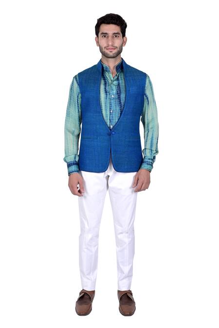 Rohit Kamra Jaipur_Blue Matka Silk Jacket  _Online_at_Aza_Fashions