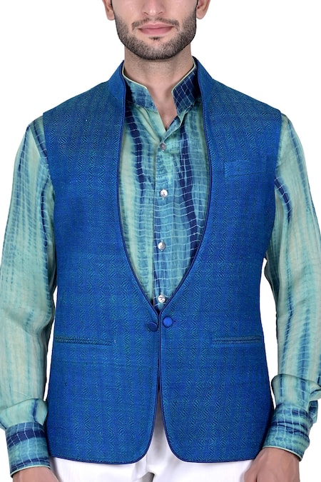 Shop_Rohit Kamra Jaipur_Blue Matka Silk Jacket  _Online_at_Aza_Fashions
