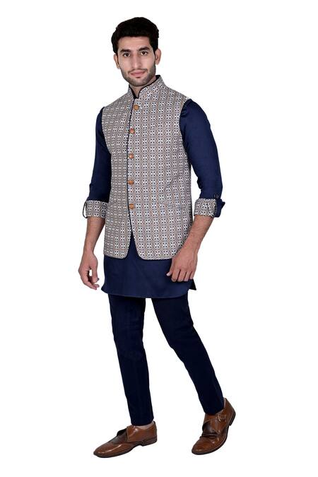 Rohit Kamra Jaipur_Blue Linen Printed Nehru Jacket  _Online_at_Aza_Fashions