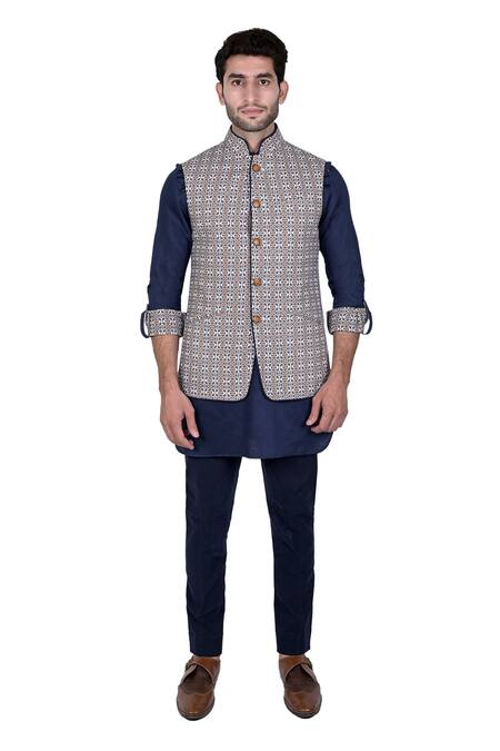 Shop Rohit Kamra Jaipur Blue Linen Printed Nehru Jacket at Aza Fashions Shop_Rohit Kamra Jaipur_Blue Linen Printed Nehru Jacket _at_Aza_Fashions