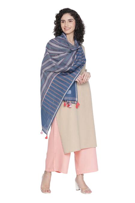 Shingora_Blue Wool Lurex Stripe Pattern Stole _Online_at_Aza_Fashions