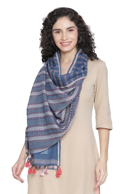 Buy_Shingora_Blue Wool Lurex Stripe Pattern Stole _Online_at_Aza_Fashions