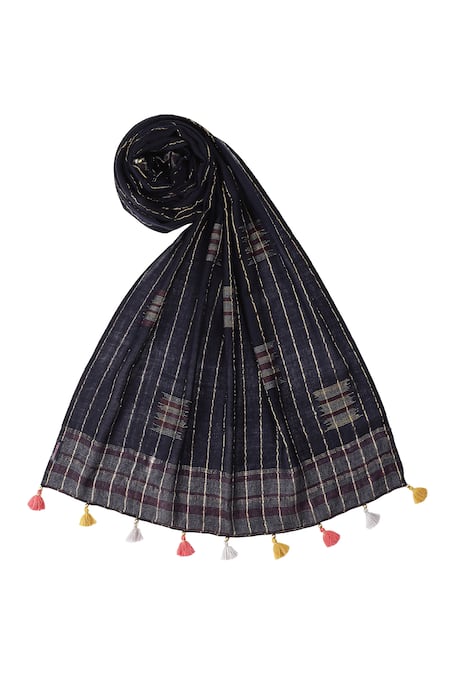 Shop Shingora Blue Wool Lurex Stripe Pattern Stole at Aza Fashions Shop_Shingora_Blue Wool Lurex Stripe Pattern Stole _at_Aza_Fashions