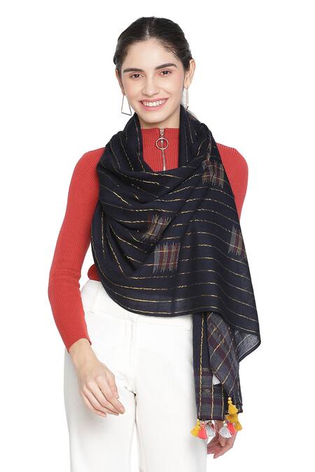 Buy Shingora Blue Wool Lurex Stripe Pattern Stole Online at Aza Fashions Buy_Shingora_Blue Wool Lurex Stripe Pattern Stole _Online_at_Aza_Fashions
