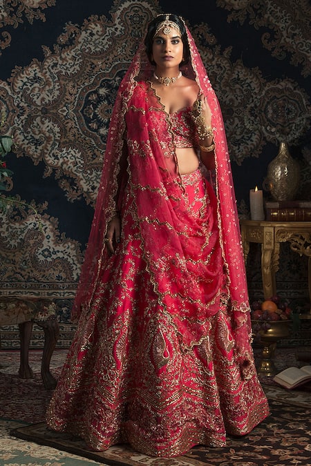 Rachit Khanna Pink Raw Silk Sweetheart Neck Embroidered Bridal Lehenga Set  