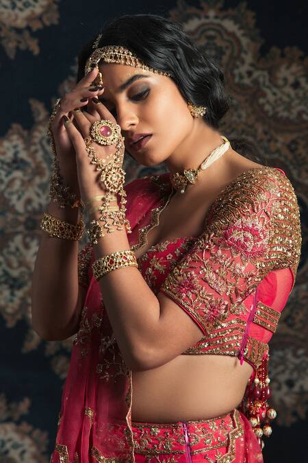 Shop Rachit Khanna Pink Raw Silk Sweetheart Neck Embroidered Bridal Lehenga Set at Aza Fashions Shop_Rachit Khanna_Pink Raw Silk Sweetheart Neck Embroidered Bridal Lehenga Set_at_Aza_Fashions