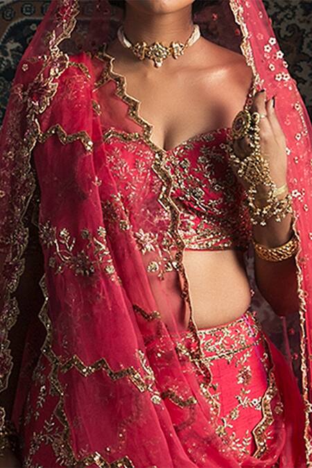 Rachit Khanna Pink Raw Silk Sweetheart Neck Embroidered Bridal Lehenga Set Online at Aza Fashions Rachit Khanna_Pink Raw Silk Sweetheart Neck Embroidered Bridal Lehenga Set_Online_at_Aza_Fashions