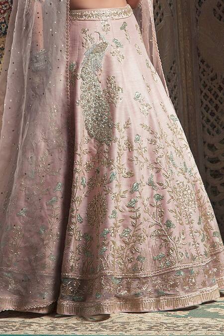 Rachit Khanna_Pink Raw Silk Leaf Neck Embroidered Bridal Lehenga Set_Online_at_Aza_Fashions