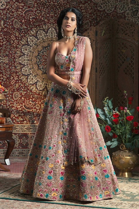 Buy Berry Red Floral Patterned Bridal Lehenga Online in UAE @Mohey - Lehenga  for Women